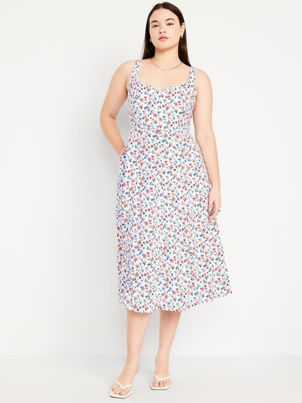 Old Navy Floral White Midi Dress Linen Blend Size L Cottagecore Vacation